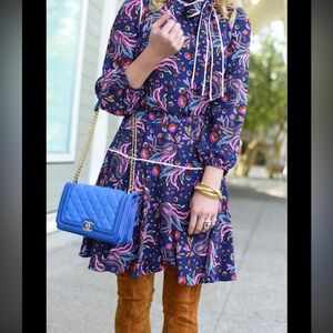 Eliza J Navy & Pink Paisley Long Sleeve Bow Neck Dress Size 14